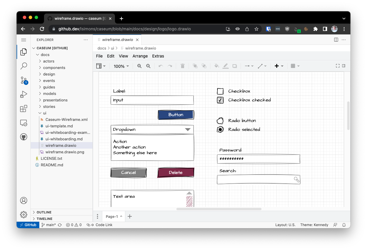 Screenshot of draw.io running within github.dev editing a Caseum diagram