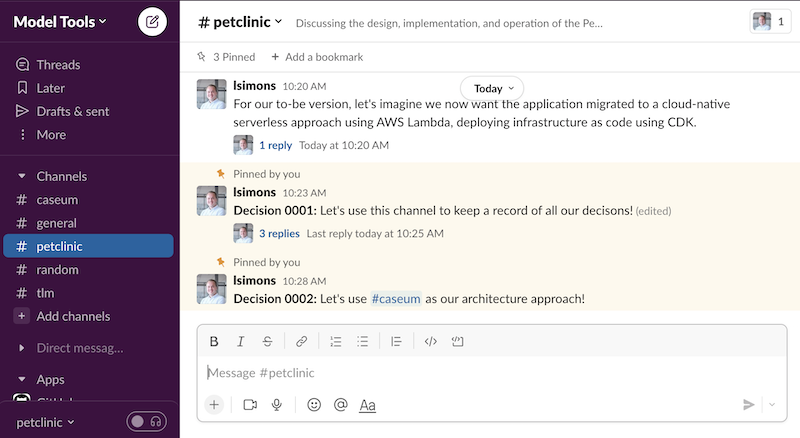Screenshot of a slack channel being used to record decisions